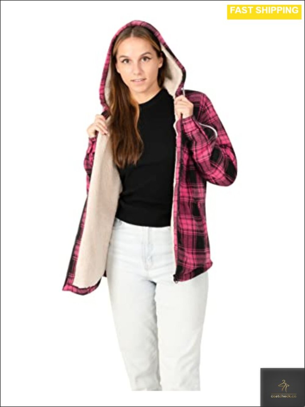 Women's Full Zip Hooded Flannel Jacket Sherpa Fleece Lined Plaid